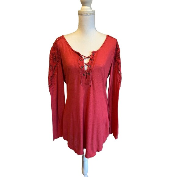 Free People Women's L Red Striped Boho Lace Long Tunic Top Shirt Lace Trim Large - Picture 1 of 7